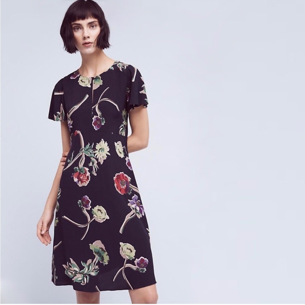 Navy Floral Anthro Maeve Keyhole Dress Size 2 EUC
